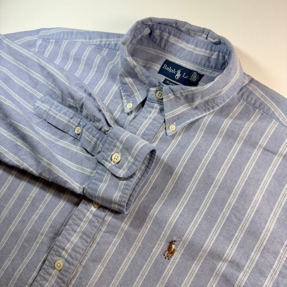 Polo Ralph Lauren Shirt Mens 16.5 34-35 Large Blue Stripe Oxford Flesh Pony